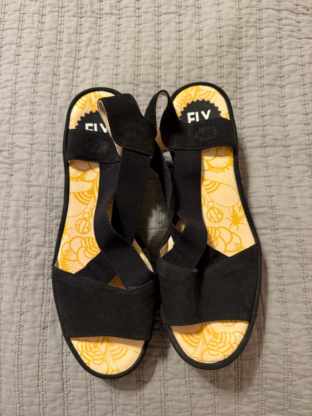 Fly London Rale Gored Cross Band Leather Wedge Sandals Black Women's Size 39